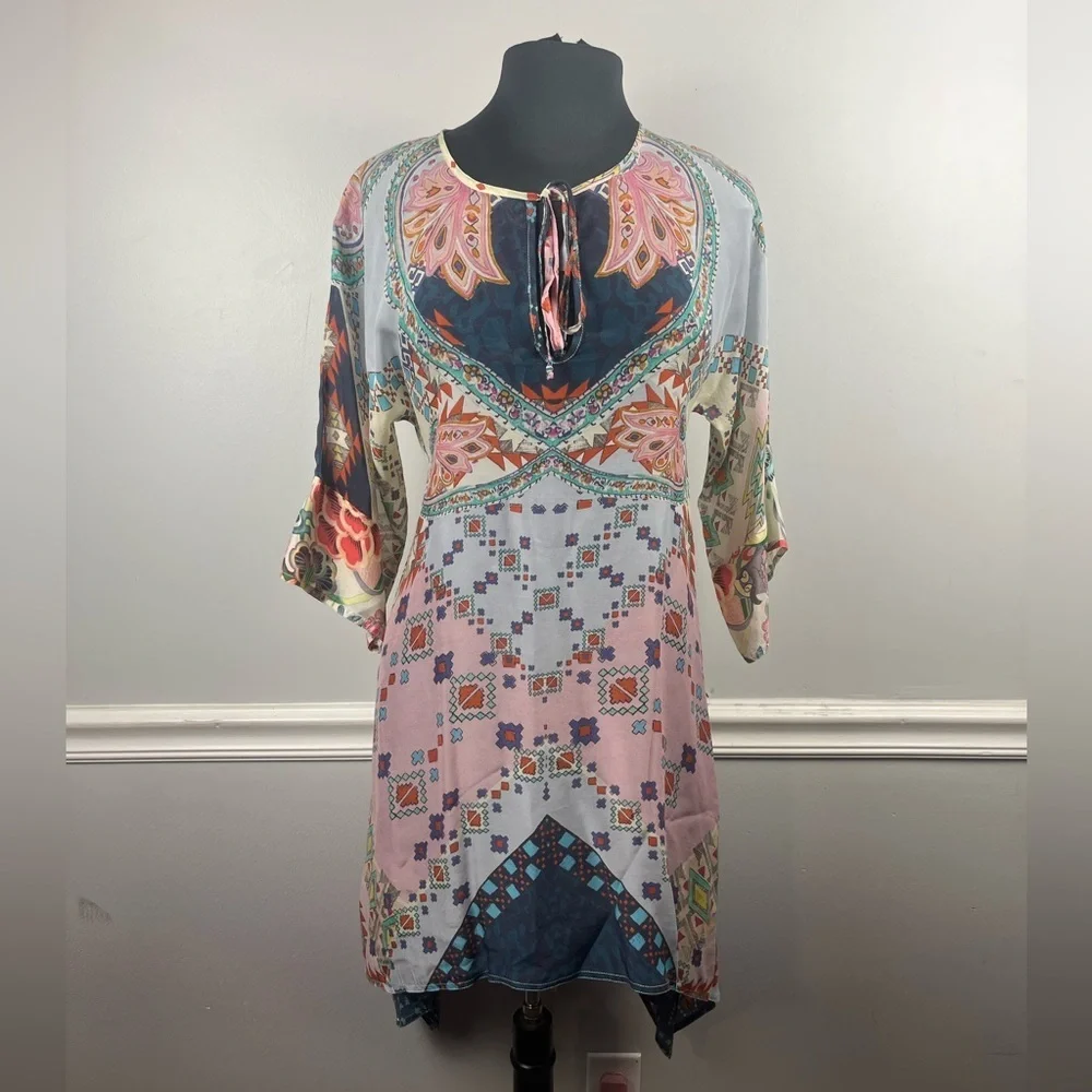 Johnny Was multi color tunic sheer tie blouse size XS
